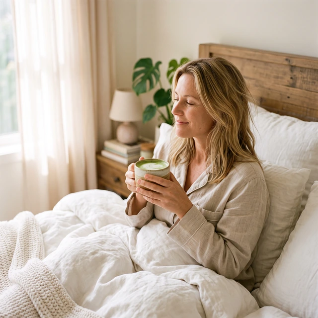 A woman sitting in bed holding a green morning drink